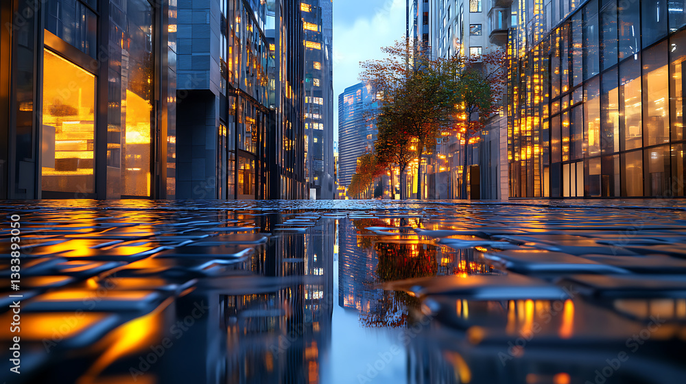 Poster 3d rendering of a neon metropolis with reflection of light from puddles on the street, smart city, m