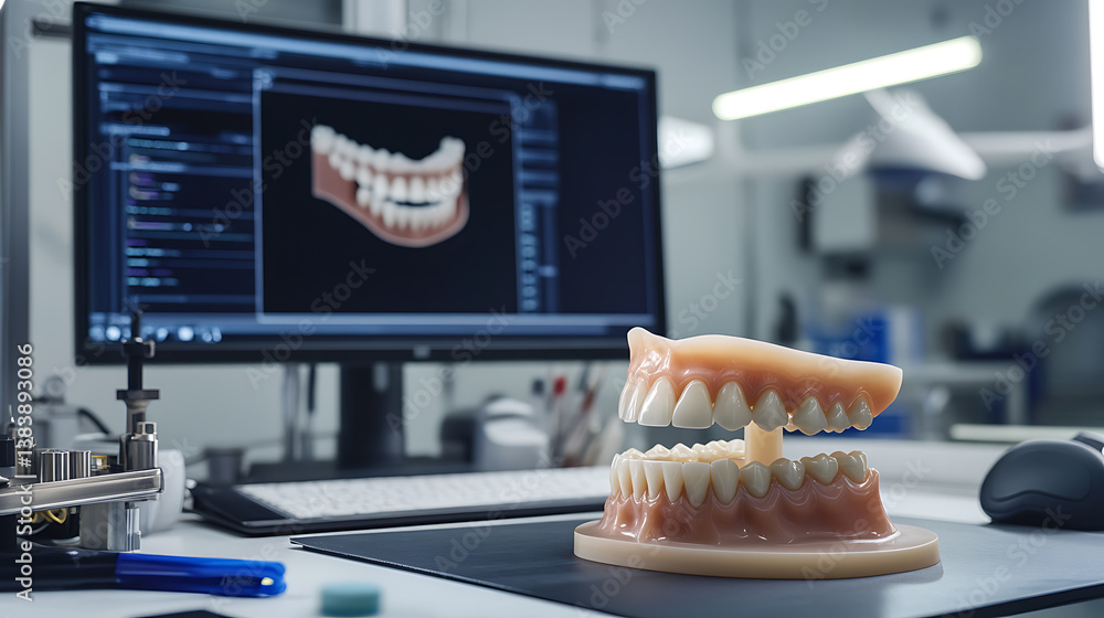 Poster 3d scanner and pc in the process of creating dentures
