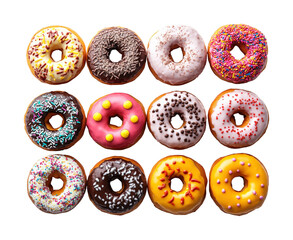 Colorful donuts displayed in a bright bakery isolated on transparent background, png