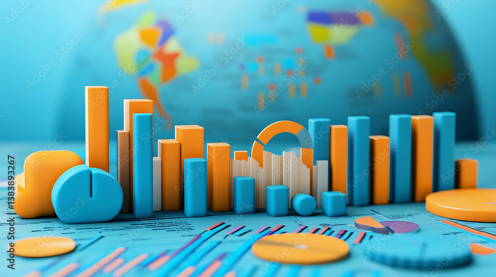 Leinwandbilder A 3d rendering of graphs and charts over a globe map background, abstract blue color palette