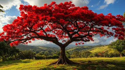 Majestic Red Flamboyant Tree Landscape Stunning Vibrant Nature Photography Breathtaking Scenic View Tropical Paradise Exotic Flowers Blooming Spring  