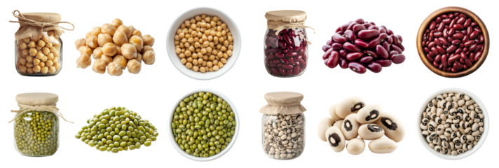 Collection of 4 set of legume seed plant bean, Chickpea chick pea, Black-eyed cowpea, Mung moong green gram, Kidney red bean, pile stack, glass jar, bowl on transparent cutout PNG. Mockup template.  
