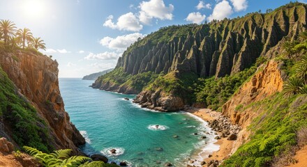 Obraz premium Secluded Cove Tropical Beach Paradise - Stunning secluded cove with turquoise water, sandy beach, and dramatic cliffs. Perfect tropical getaway