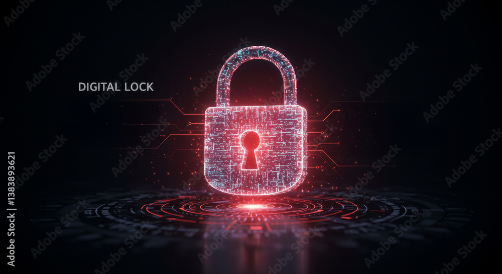 Poster security lock system - abstract glowing padlock icon on dark background, representing data protectio