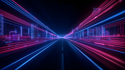 Digital City Tunnel At Night With Neon Lights