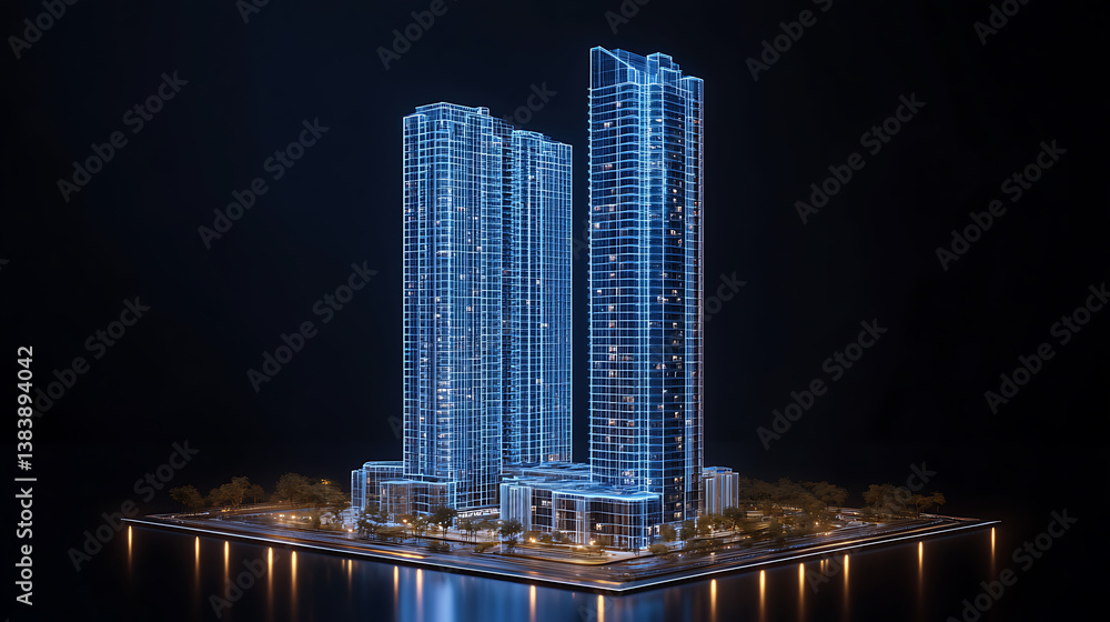 Aufkleber A blue hologram of modern highrise building on dark background with glowing lines and white buildings construction engineering concept, real estate business or digital