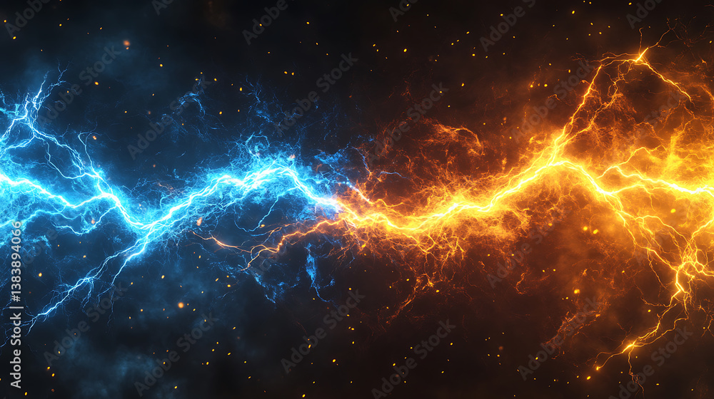 Aufkleber a blue vs yellow lightning thunderbolt collision, accompanied by a dazzling electric shock effect an