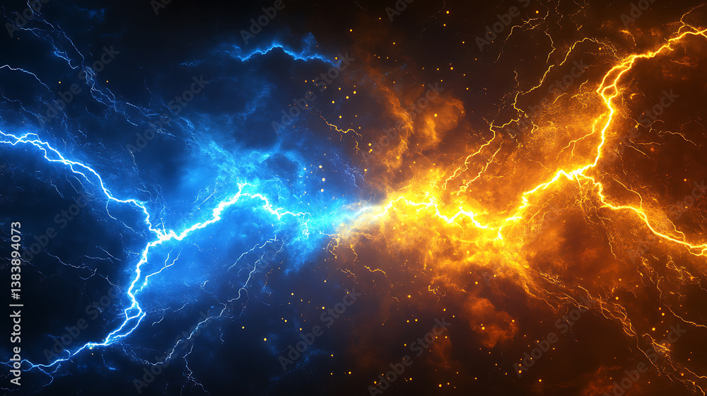 Poster a blue vs yellow lightning thunderbolt collision, accompanied by a dazzling electric shock effect an
