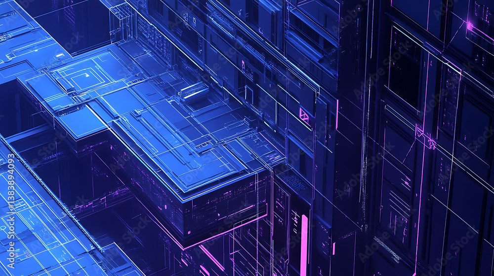 Poster A blueprint of an office building with digital lines and blue hues representing the future of architecture