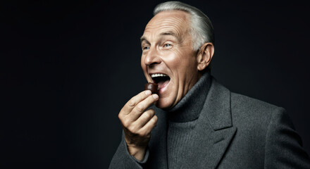 Elderly caucasian male enjoying chocolate in stylish grey attire against dark background