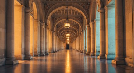 Obraz premium Serene Colonnade: A Long Archway of Light and Shadow - Majestic architecture, warm and cool light interplay, reflective floor, symmetrical perspective, sense of grandeur and serenity