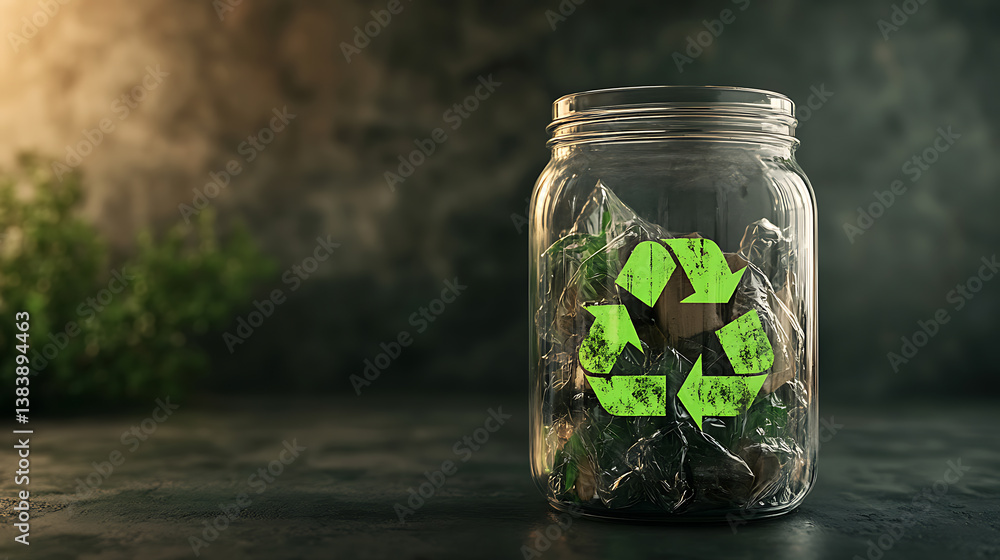 Poster A clear glass jar with a green recycling symbol emblazoned on it, promoting eco-friendly practices by encouraging the reuse of glass containers instead of single-use plastics