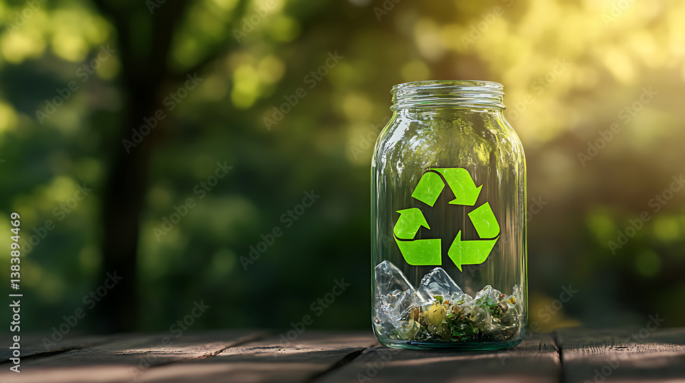 Poster A clear glass jar with a green recycling symbol emblazoned on it, promoting eco-friendly practices by encouraging the reuse of glass containers instead of single-use plastics