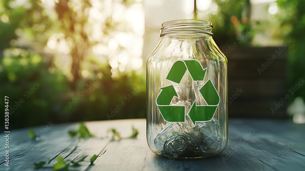 Poster A clear glass jar with a green recycling symbol emblazoned on it, promoting eco-friendly practices by encouraging the reuse of glass containers instead of single-use plastics