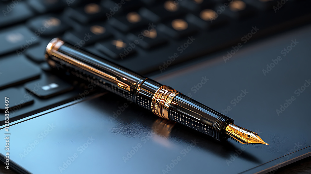 Aufkleber A close-up picture of a pen on a computer and notebook
