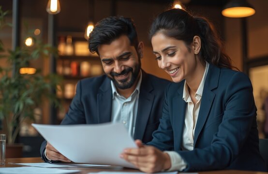 Smiling Indian business couple in suits work together. Man and woman read documents in modern office. Pro corporate teamwork, collaboration, cooperation, partnership, meeting. Business concept.