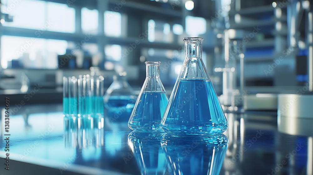 Poster a closeup of laboratory equipment such as beakers and flasks filled with clear blue liquid, set agai