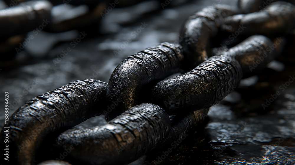 Poster A closeup of the chain with each link made up of binary code representing digital data and its many connections