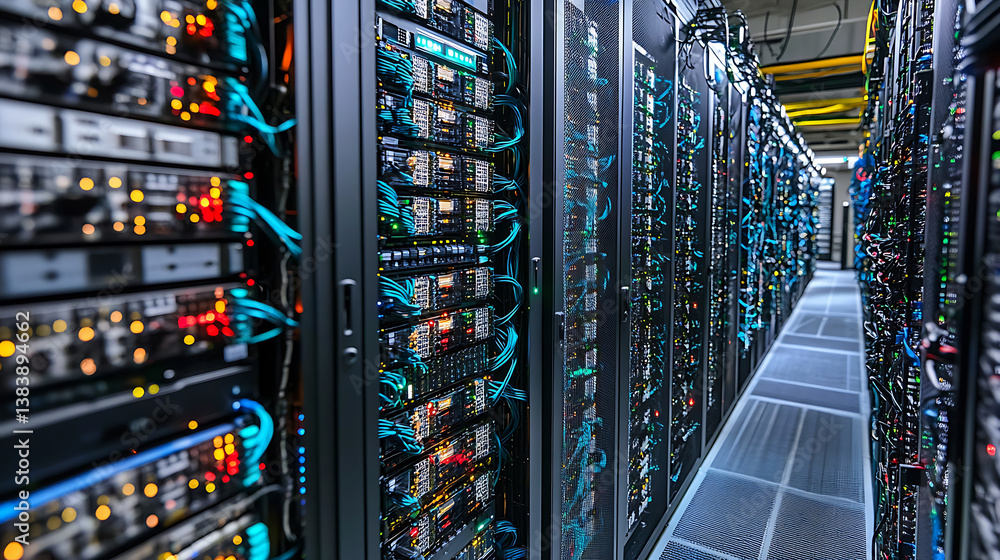 Poster A close up photo of a corridor in a busy data center, the image features a multitude of rack servers and supercomputers filling the frame