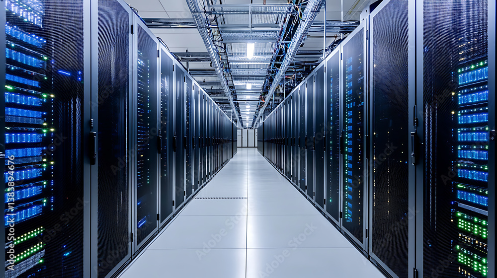 Poster A close up photo of a corridor in a busy data center, the image features a multitude of rack servers and supercomputers filling the frame