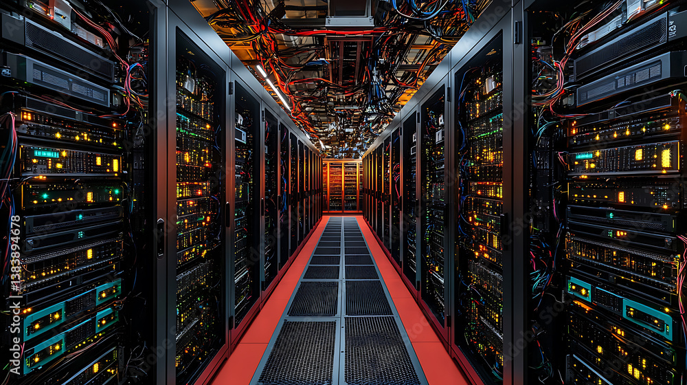 Leinwandbilder A close up photo of a corridor in a busy data center, the image features a multitude of rack servers and supercomputers filling the frame