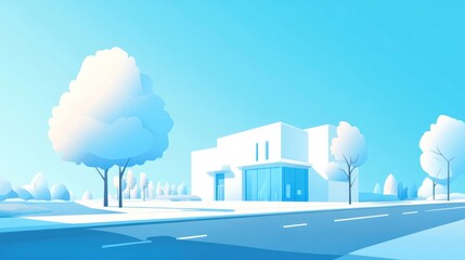 Obraz premium Modern house, winter scene, snowy road, clear sky, real estate