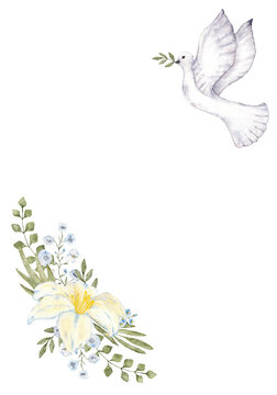 Template with dove of peace, white flowers and green leaves. Watercolor illustartion. Isolated on a white background. For first communion, wedding, baprism greeting card, invitation. Hand drawn