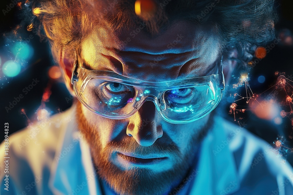 Poster scientist conducting experiment with glowing particles in a laboratory setting at night