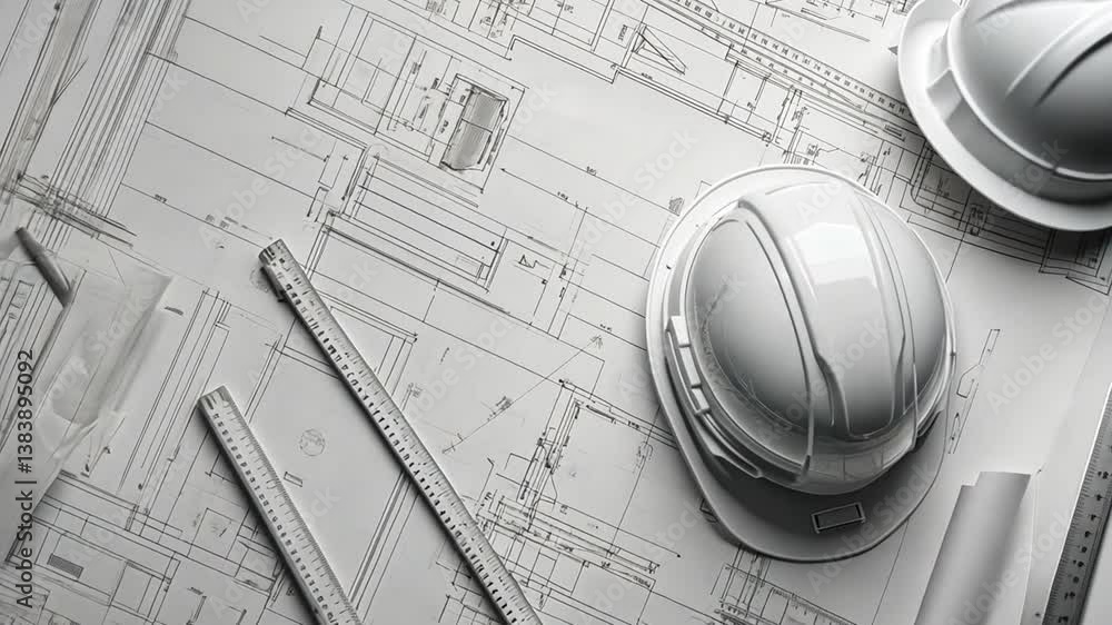 Poster hard hat placed on architectural blueprints alongside measuring tools generative ai