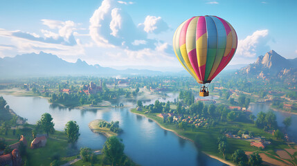Fototapeta premium A colorful hot air balloon soaring over a scenic landscape
