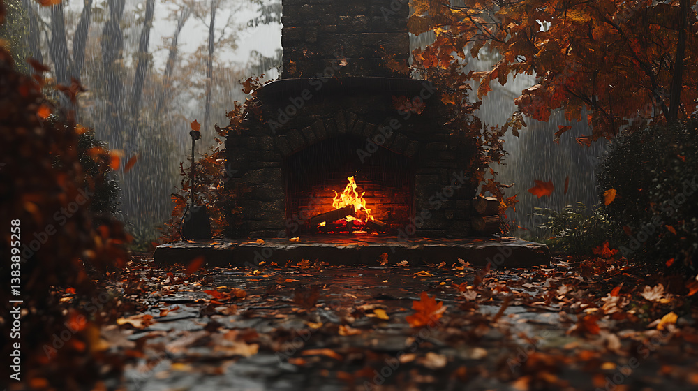 Aufkleber a cozy and rustic setting of an outdoor fireplace surrounded by fallen autumn leaves during a drizzl