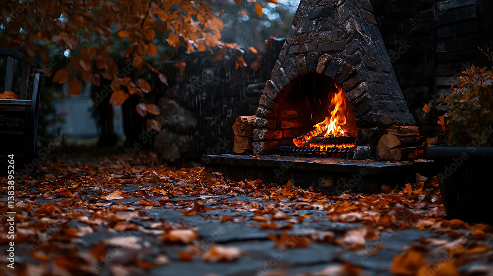 Aufkleber a cozy and rustic setting of an outdoor fireplace surrounded by fallen autumn leaves during a drizzl