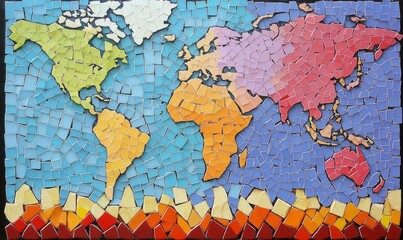 Obraz premium A Colorful Mosaic World Map: A vibrant artistic representation of the continents, crafted from numerous small, colorful tiles.