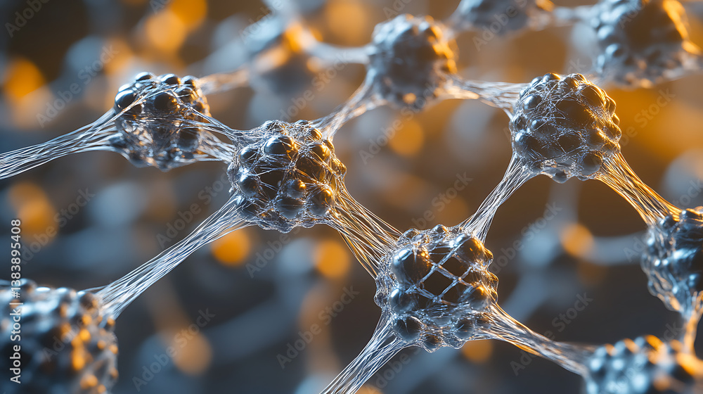 Poster A detailed macro view of a nanotechnology molecule fiber, showcasing the intricate structure and connections, emphasizing the advancements in science, material engineering, and medicine