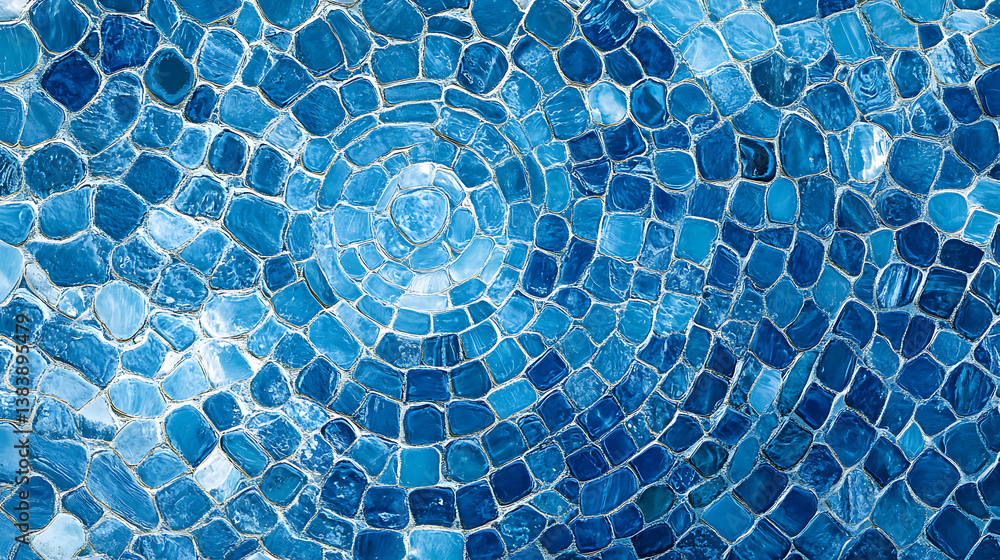 Poster a detailed view of a seamless blue mosaic texture with varying shades and circular patterns, giving 