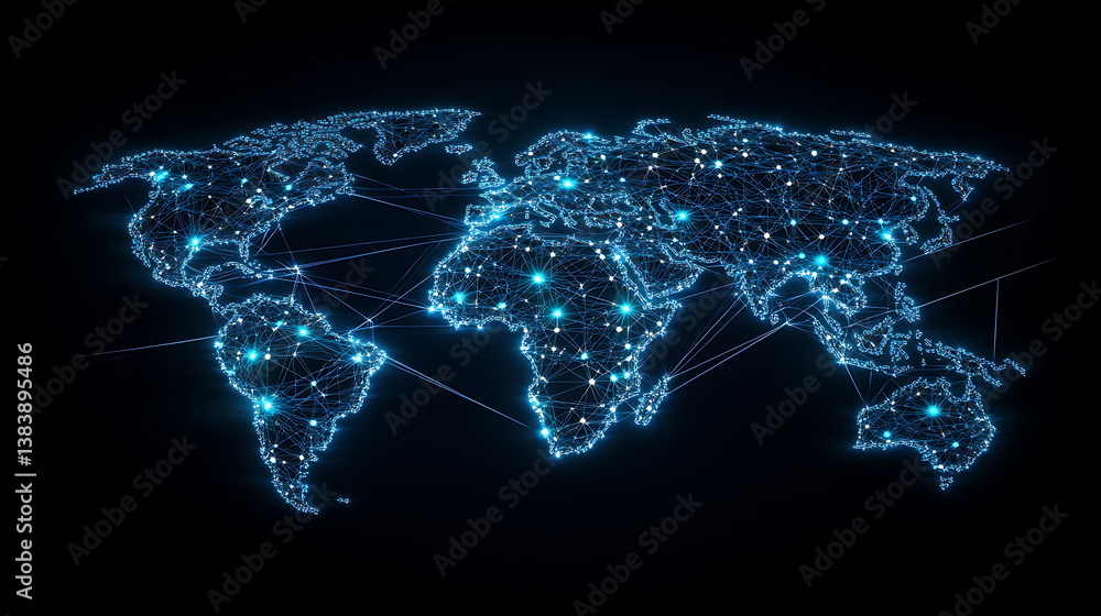 Fototapete A digital map of the world with interconnected nodes representing global network connections, data flow and cyber security technology