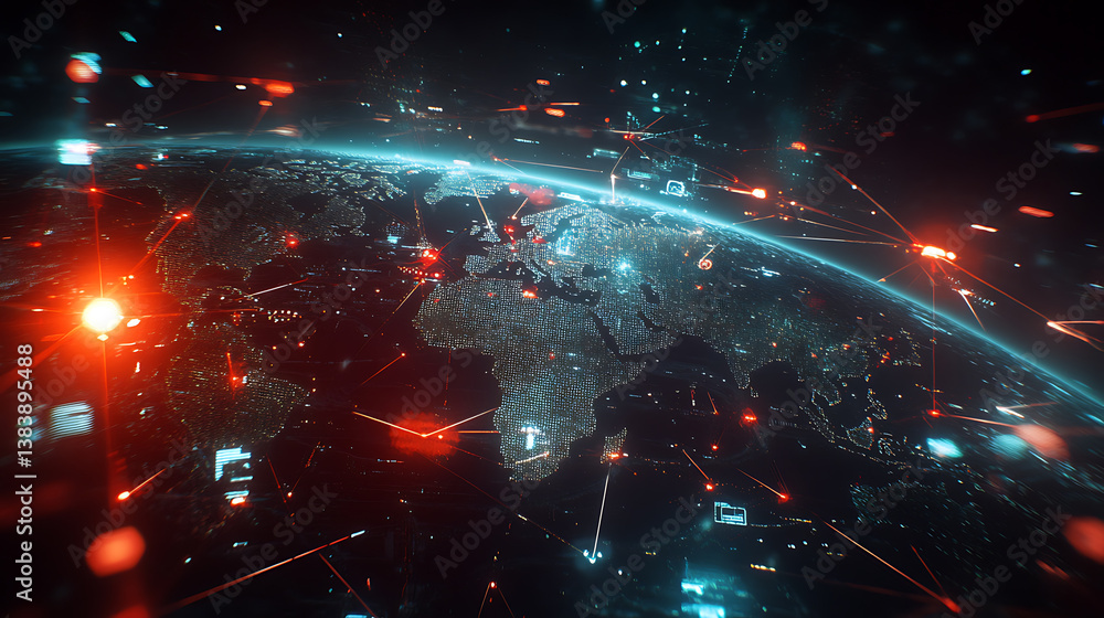 Poster A digital map of the world with interconnected nodes representing global network connections, data flow and cyber security technology