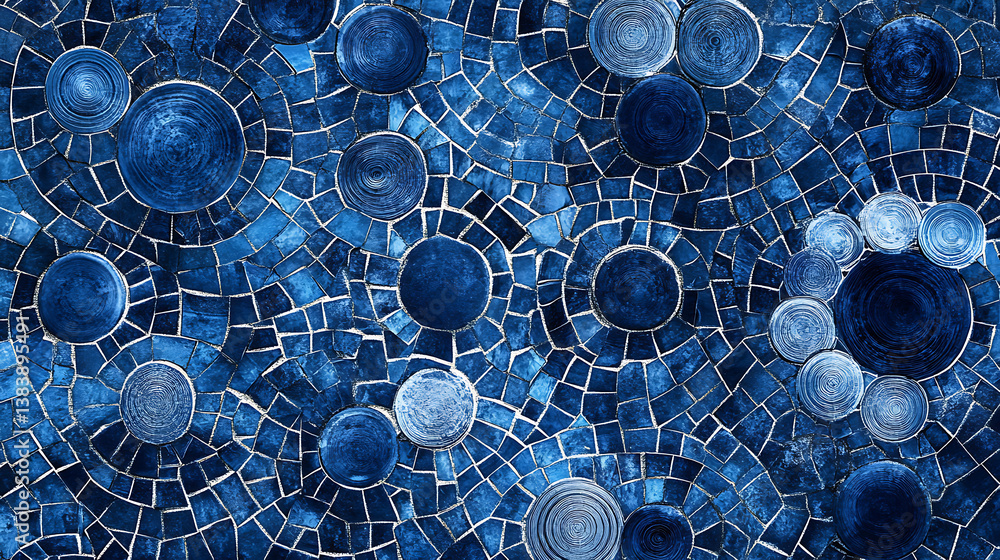 Fototapete a detailed view of a seamless blue mosaic texture with varying shades and circular patterns, giving 