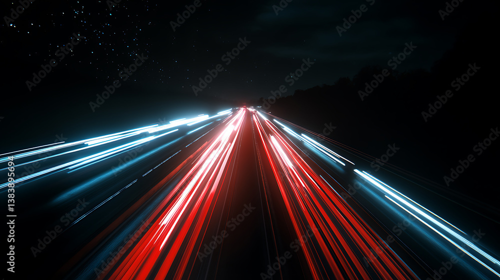 Poster a dynamic cityscape with light trails representing cars moving at high speed on a highway