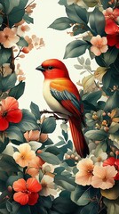 Vibrant Red Bird Perched Among Colorful Flowers and Green Leaves

