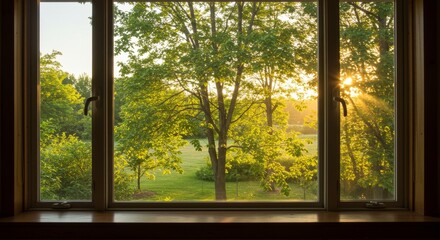 Fototapeta premium Serene Summer Sunset View - A tranquil scene viewed through a window, showcasing a vibrant summer sunset filtering through lush green trees and a sprawling grassy field
