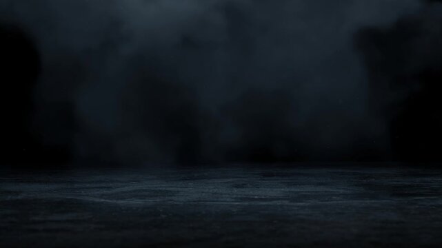 Empty space studio animated texture for product presentation. Abstract dark background with mist motion. Creative template with copy space. Seamless loop.