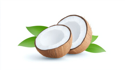 Minimal still life, Coconuts cut in half with green leaves on a white background.