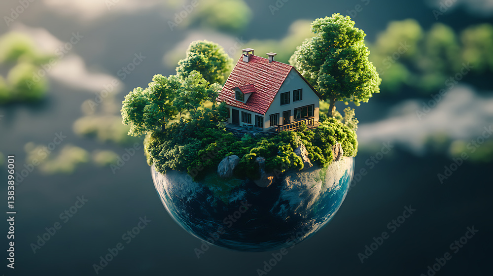 Poster a floating mini world, the bottom half is planet earth, the top half is a tiny house with tiny trees