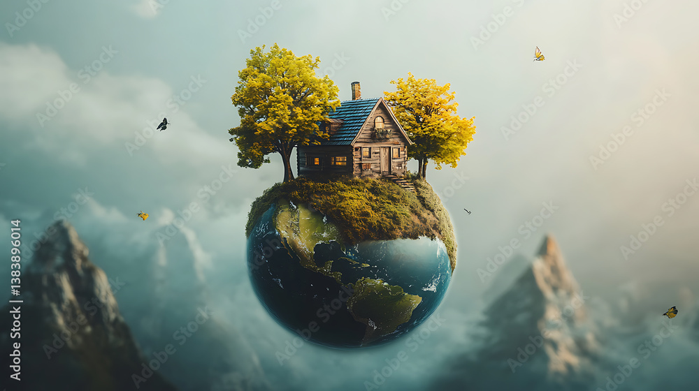 Poster a floating mini world, the bottom half is planet earth, the top half is a tiny house with tiny trees