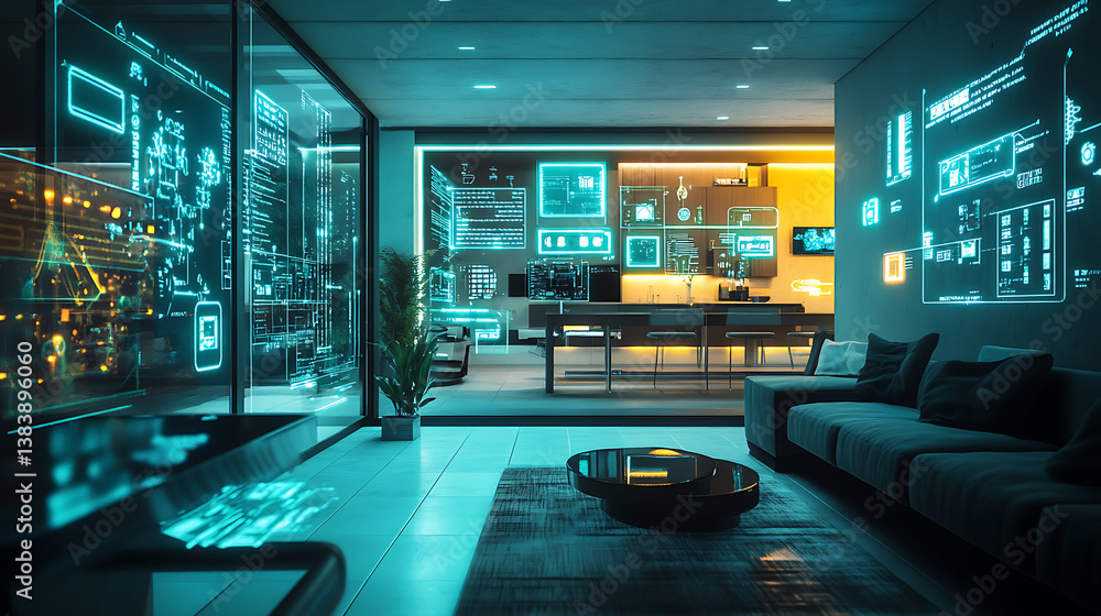 Fototapete a futuristic ai smart home interior featuring augmented reality interfaces, with iot devices seamles