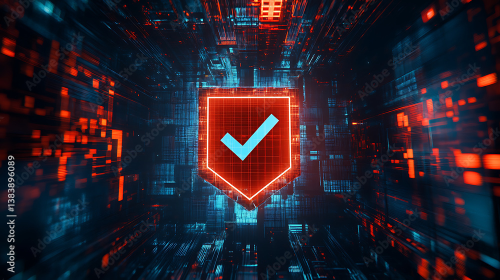 Poster A futuristic digital shield with a checkmark symbol on it, representing security and protection in the abstract space of data technology
