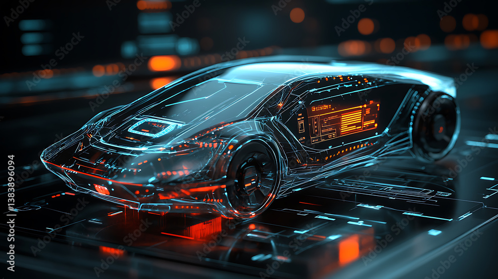 Poster a futuristic car dashboard concept, a futuristic car dashboard in style, low poly, wireframe in line