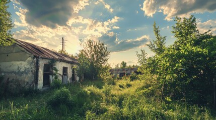 Abandoned House in Rural Setting at Sunset