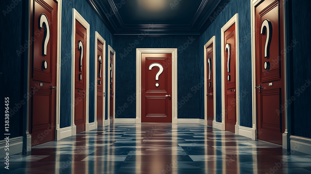 Poster a hallway with multiple doors, each marked with a question mark, symbolizing lifes choices and endle